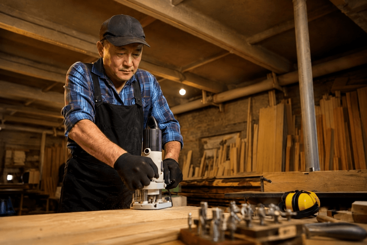A craftsman shaping wood in a well-lit workshop