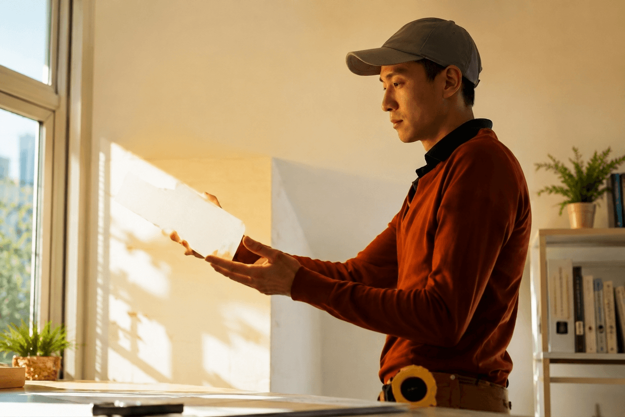 A painter prepping a wall, focused and calm